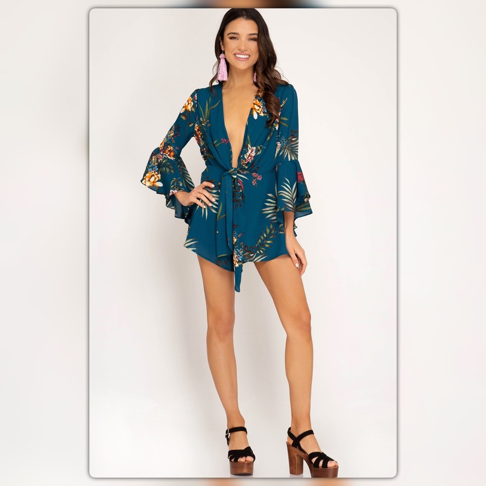 Teal Blue Floral Plunging Front Romper